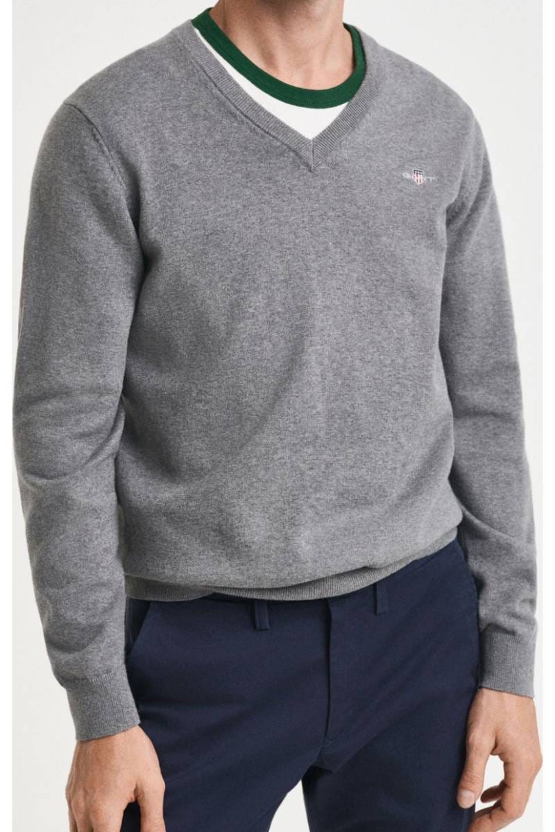 GANT Regular Fit Pullover V-Ausschnitt grau, Einfarbig