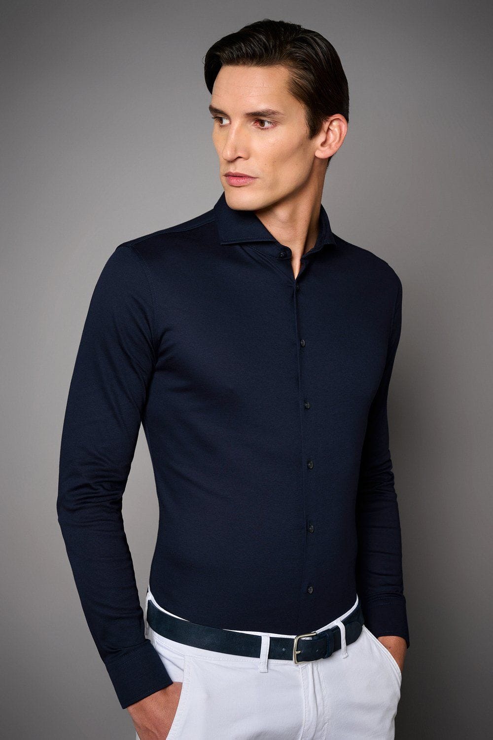 Desoto Luxe Slim Fit Chemise en jersey bleu foncé, Unicolore