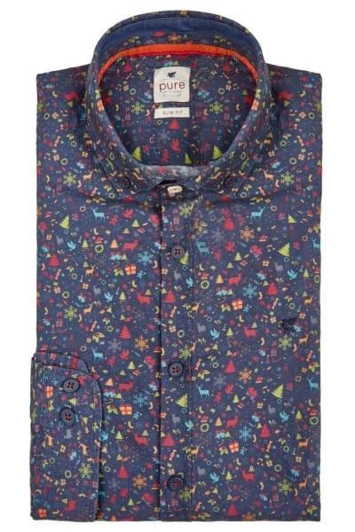 Pure Slim Fit Hemd mittelblau, Gemustert