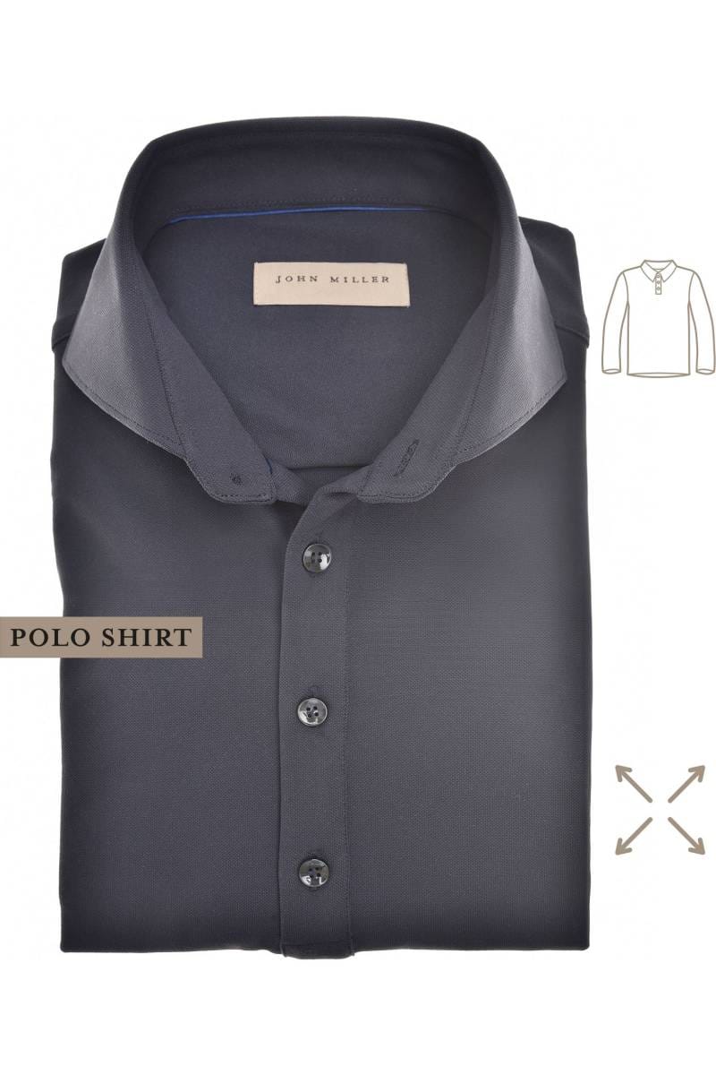 John Miller Slim Fit Poloshirt lange mouw zwart, Effen