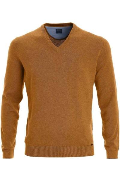 OLYMP Modern Fit Strickpullover V-Ausschnitt caramel, einfarbig