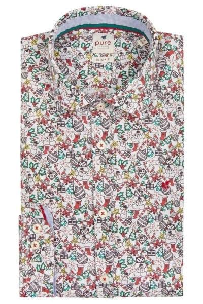 Pure Slim Fit Hemd mittelblau, Gemustert