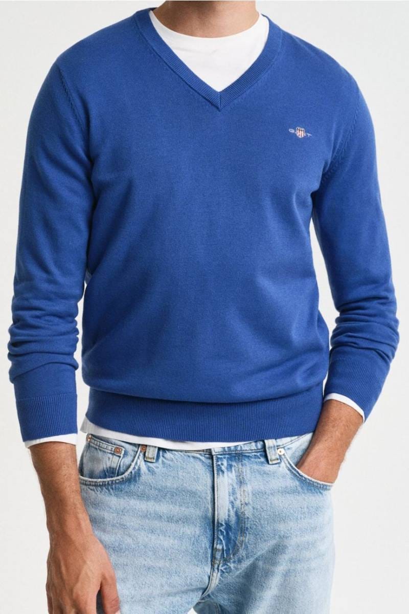 Blauwe Trui Trui Met V Hals Donkerblauwe Merino Wollen V-hals